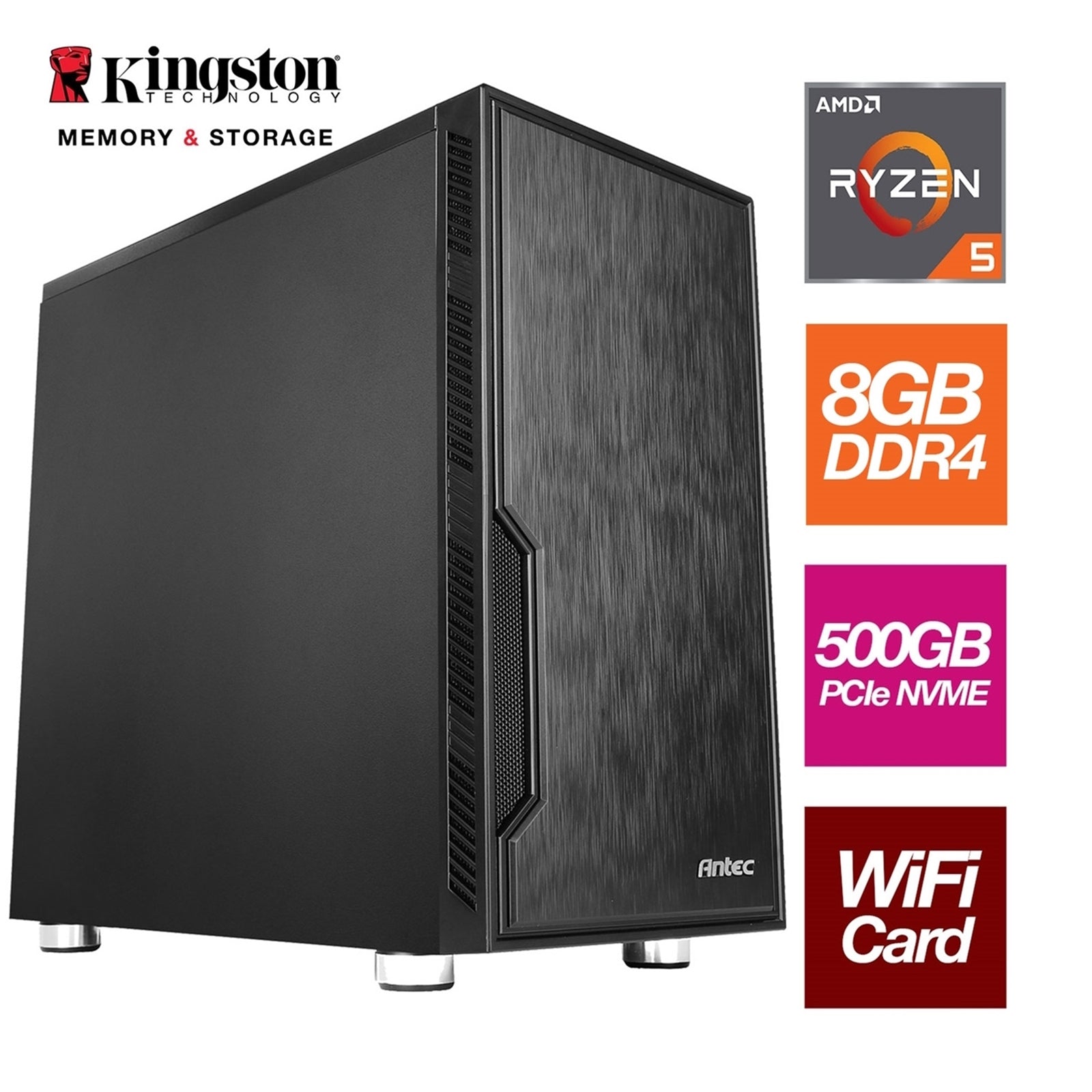 AMD Ryzen 5 4600G 6 Core 12 Threads 3.70GHz (4.20GHz Boost) 8GB Kingston DDR4 RAM, 500GB Kingston NVMe, with Wi-Fi Card - Stylish Black Antec Case - Pre-Built System-PCR Business Solutions Ltd